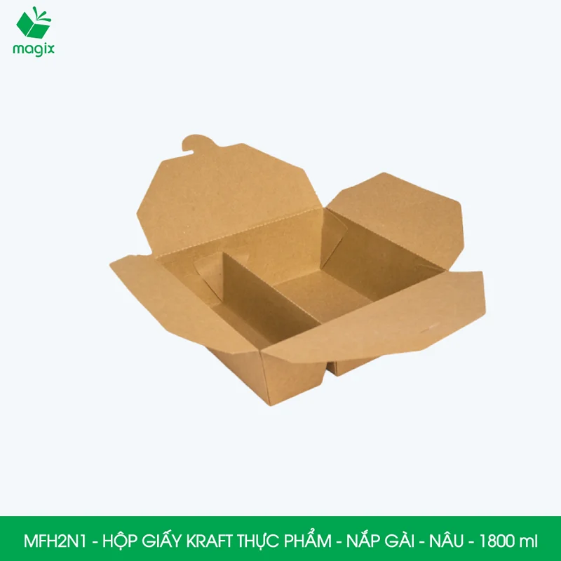 MFH2N1 - 280gsm - Combo 25 hộp giấy kraft 2 ngăn 1800ml có nắp gài, đựng đồ ăn mang đi tiện lợi