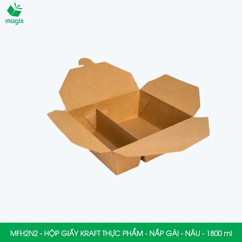 MFH2N2 - 300gsm - Combo 25 hộp giấy kraft 2 ngăn 1800ml có nắp gài, đựng đồ ăn mang đi tiện lợi