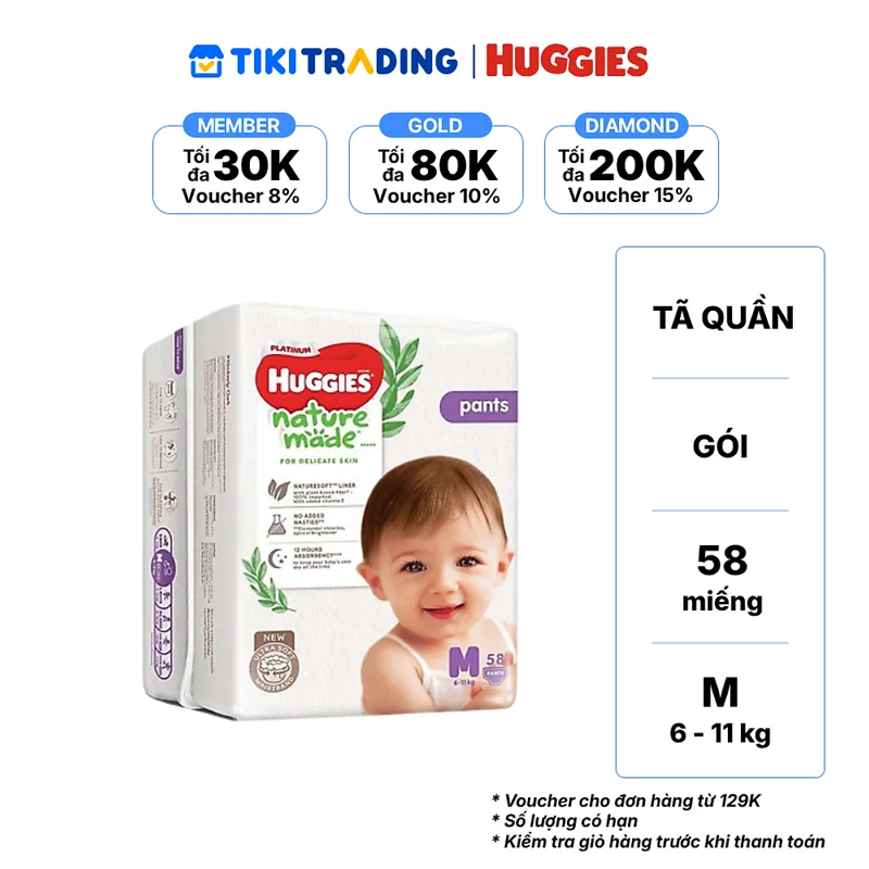 [NHẬP KHẨU] TÃ QUẦN HUGGIES NATUREMADE M58/L44/XL38/XXL26