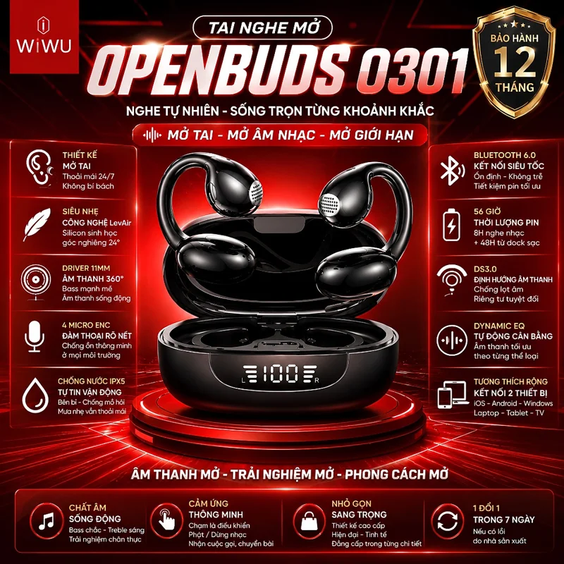 Tai nghe thể thao Open-Ear bluetooth 6.0 WIWU OpenBuds O301 Open-Ear  - Âm Thanh 360° Driver 11mm - 4 Mic ENC - Pin 56 Giờ - Chống Lọt Âm DS3.0 - Chống Nước IPX5 - Hàng nhập khẩu