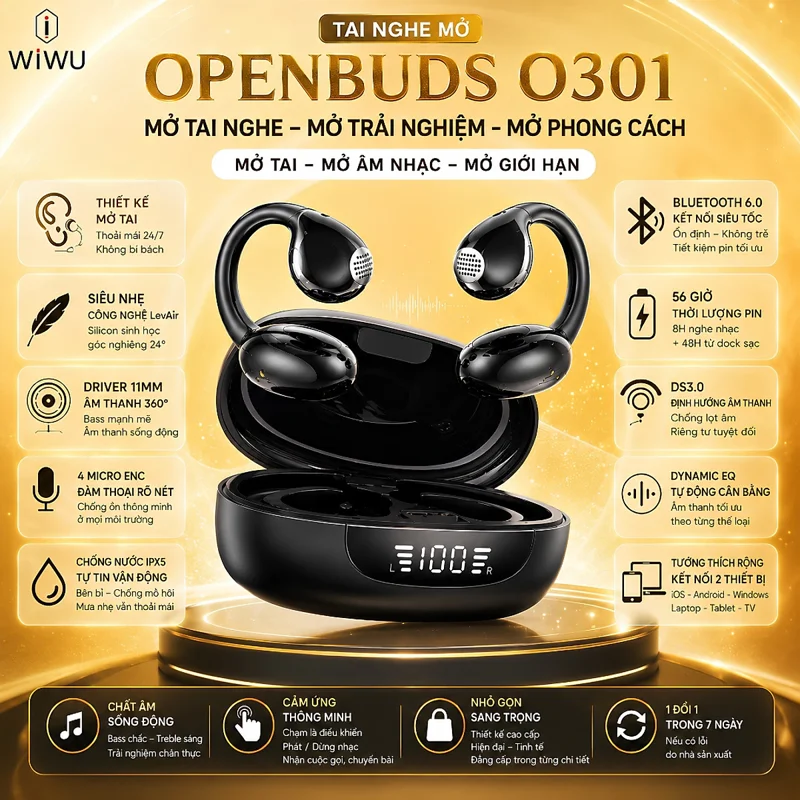 Tai nghe không dây Open-Ear RhythmAir ENC Pro bluetooth 6.0 WIWU OpenBuds O301  - Âm Thanh 360° Driver 11mm - 4 Mic ENC - Pin 56 Giờ - Chống Lọt Âm DS3.0 - Chống Nước IPX5 - Hàng nhập khẩu