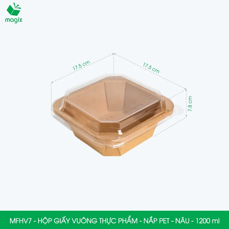 MFHV7 - 1200ml - Combo 25 hộp giấy kraft vuông nắp PET đựng salad, trái cây, đồ ăn eatclean