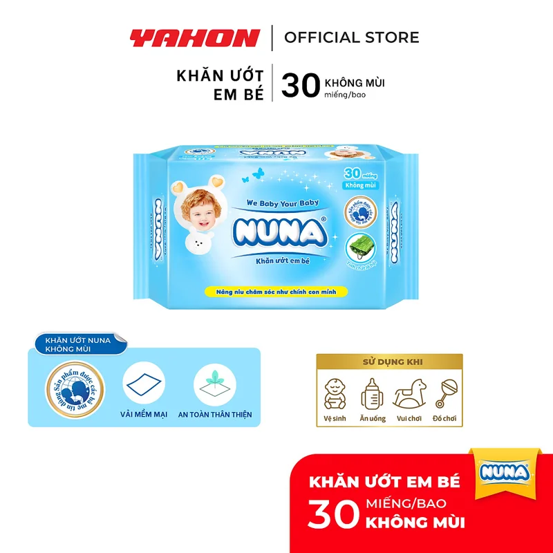 Khăn Ướt Em Bé Nuna Không Mùi 30 Miếng | An Toàn, Dịu Nhẹ Cho Da Nhạy Cảm, Gói Nhỏ Tiện Lợi