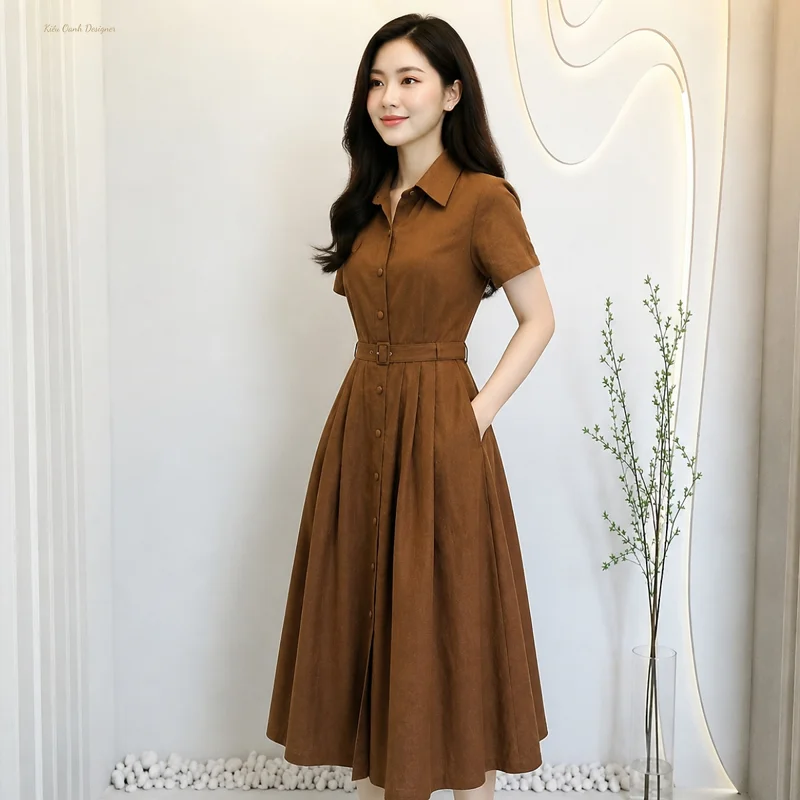 Đầm xoè linen cao cấp,độ bền cao,mát mịn,thấm hút mồ hôi,may viền tỉ mỉ,sản xuất độc quyền tại Kiều Oanh Designer