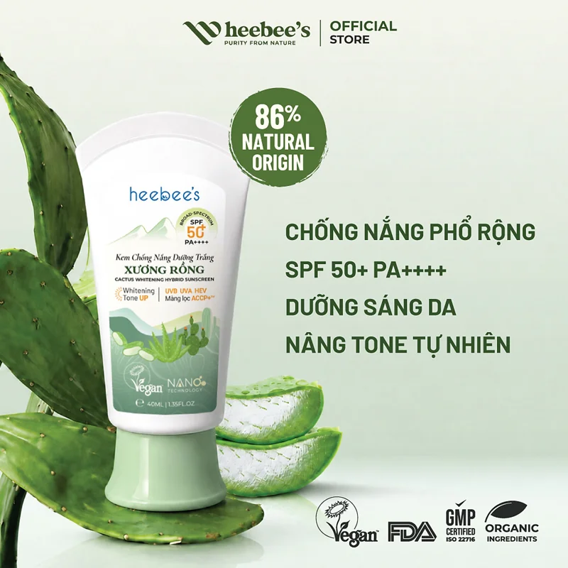 Kem Chống Nắng Thuần Chay Phổ Rộng Xương Rồng Heebee's Dưỡng Trắng, Chống Tia UVA, UVB, Ánh Sáng Xanh, Nâng Tone 40g