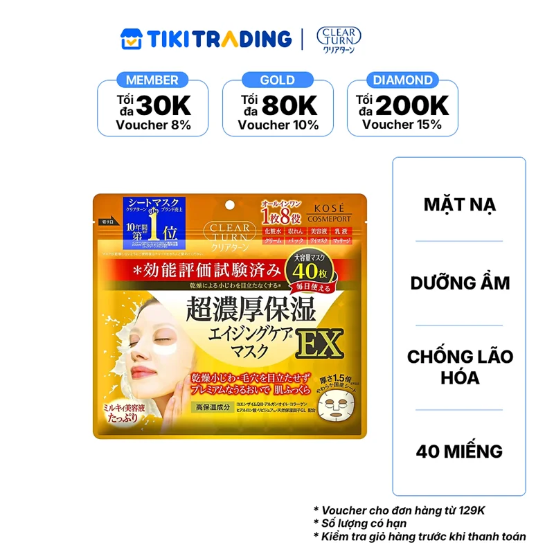 Mặt nạ siêu dưỡng ẩm và chống lão hóa da ex CLEAR TURN (40 miếng/túi)