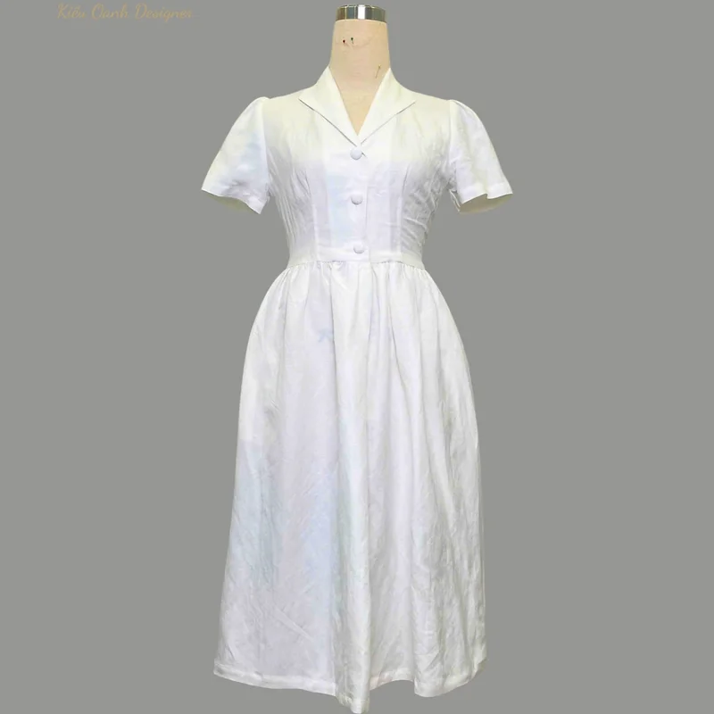 Đầm xoè linen cổ cánh én trung niên ,độ bền cao ,mát mịn,thấm hút mồ hôi,may viền tỉ mỉ,sản xuất độc quyền tại Kiều Oanh Designer