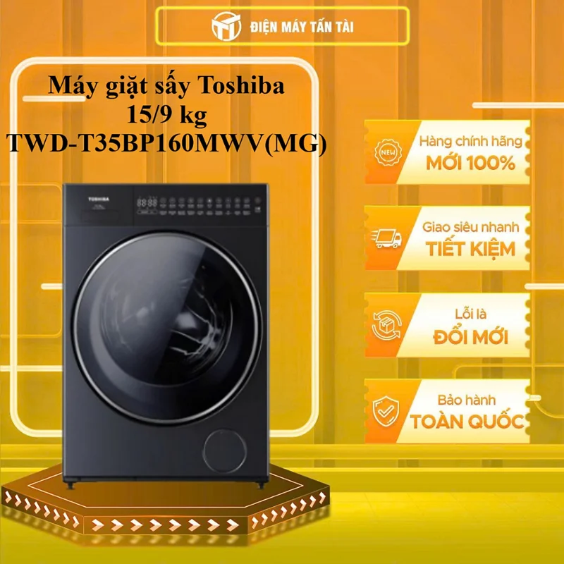TWD-T35BP160MWV(MG) - Máy giặt sấy Toshiba Giặt 15kg - Sấy 7kg GIẶT NƯỚC NÓNG - HÀNG CHÍNH HÃNG - GIAO HCM