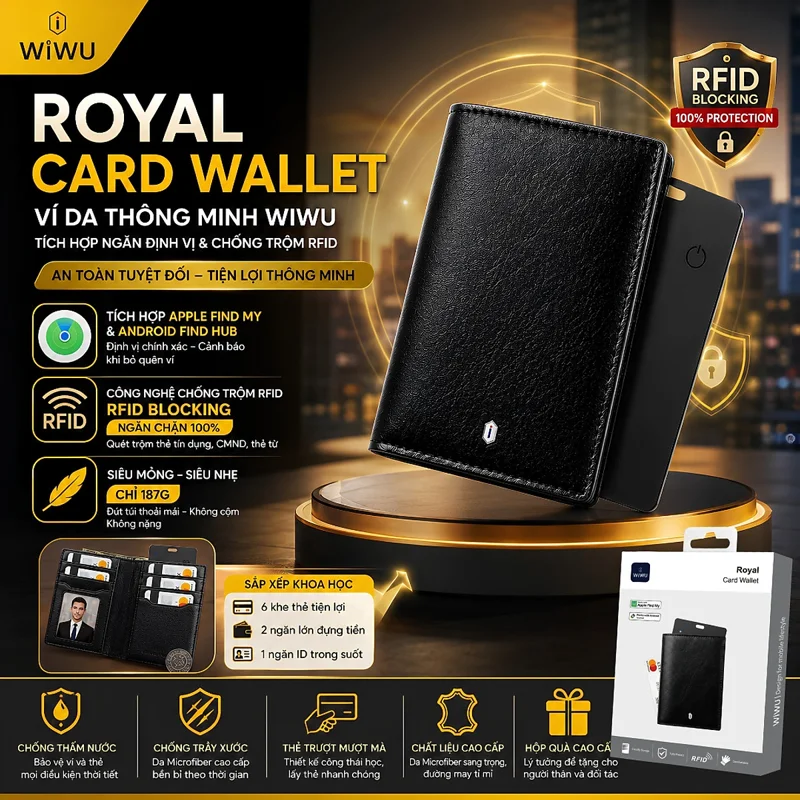 Ví Da Thông Minh RoyalTrack Smart WlWU Royal Card Wallet RFID - Tích Hợp Ngăn Định Vị Find My Card Slot, Chống Trộm RFID, Da Microfiber Cao Cấp, Ví Mỏng 6 Khe Thẻ cho iphone cho ipad z fold galaxy S - Hàng nhập khẩu