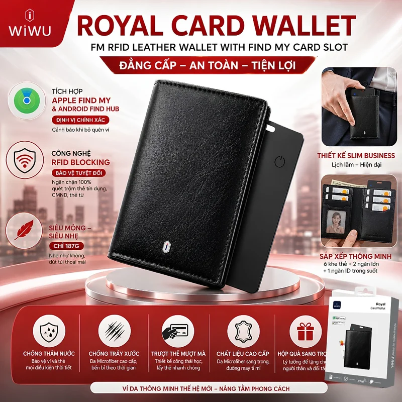 Ví da thông Minh RoyalGuard Smart RFID chống quét trộm Tích Hợp định vị Find My & Android Find WlWU Royal Card Wallet Da Microfiber Cao Cấp Siêu Mỏng - Hàng nhập khẩu