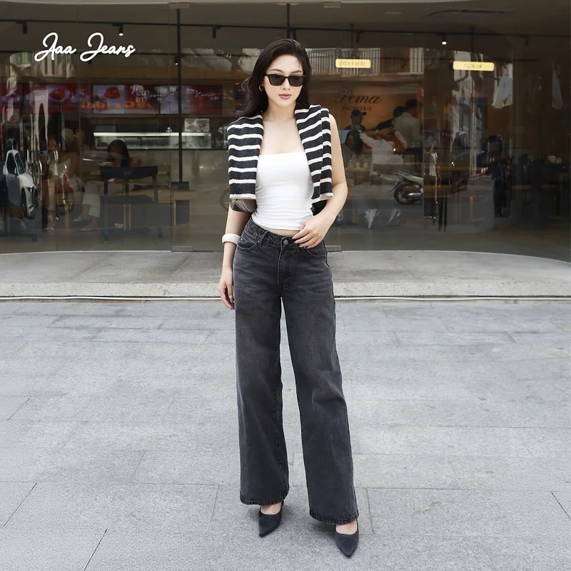 Quần jeans nữ màu xám ống suông lưng thấp Aaa Jeans
