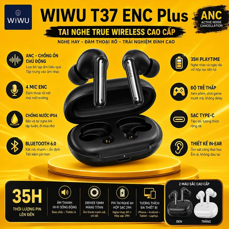 Tai Nghe Bluetooth WIWU T37 ENC Plus – ANC Chống Ồn Chủ Động | Bluetooth 6.0 | Đàm Thoại 4 Mic ENC | Pin Đến 35h cho iPhone ipad samsung z fold android - Hàng nhập khẩu