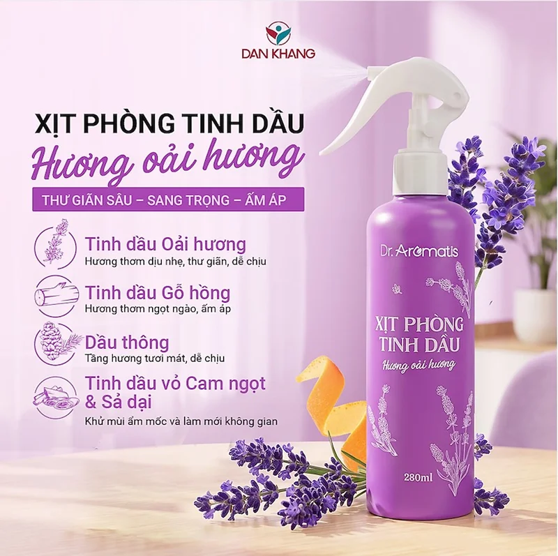 Xịt phòng tinh dầu Dr.Aromatis Dân Khang hương thơm thư giãn, giúp khử mùi ẩm mốc, xua đuổi côn trùng 280ml/100ml