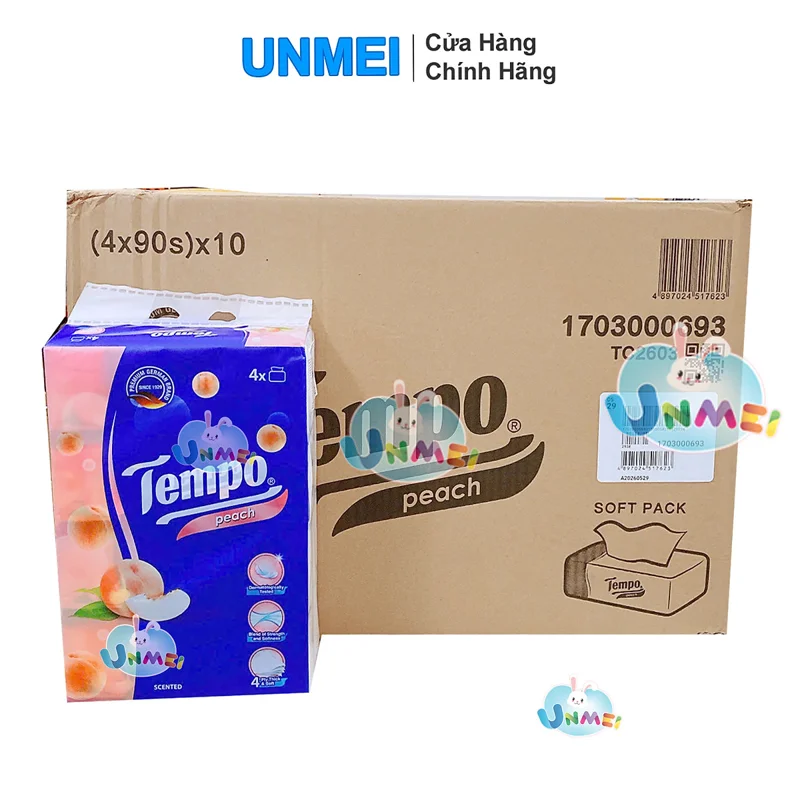 Thùng 10 Lốc Khăn Giấy Gói Rút TEMPO Hương Đào/Sakura/Lê/Chuông Gió/Không Mùi/Bạc Hà/Tuyết Tùng (Lốc 4 Gói) - Chính Hãng Tại UNMEI