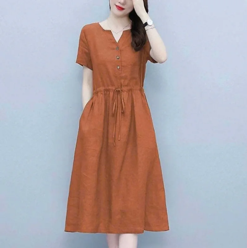 Đầm suông form chữ A phối cổ V sang trọng vải Linen sợi tự nhiên cao cấp da218
