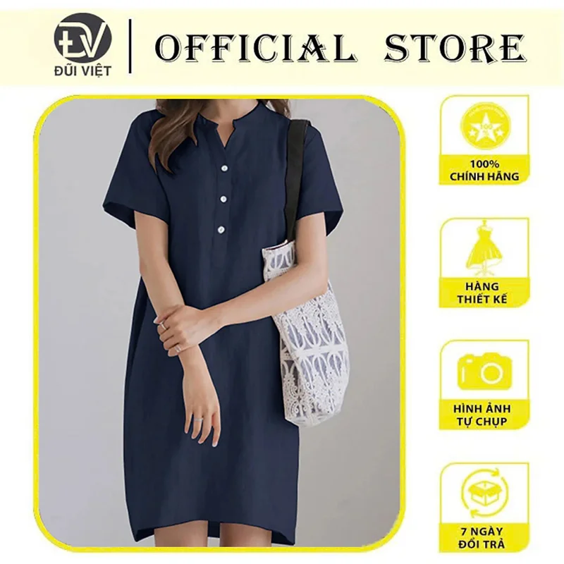 Đầm đũi suông trơn ngắn tay vải đũi thoáng mát