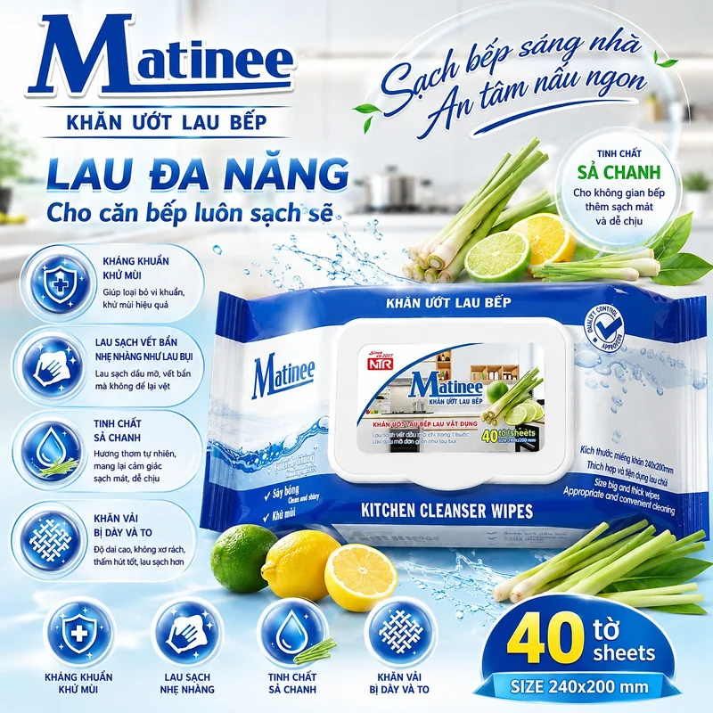 Khăn ướt lau bếp Matinee Sả Chanh Gói 40 tờ khăn vải to 24x20cm