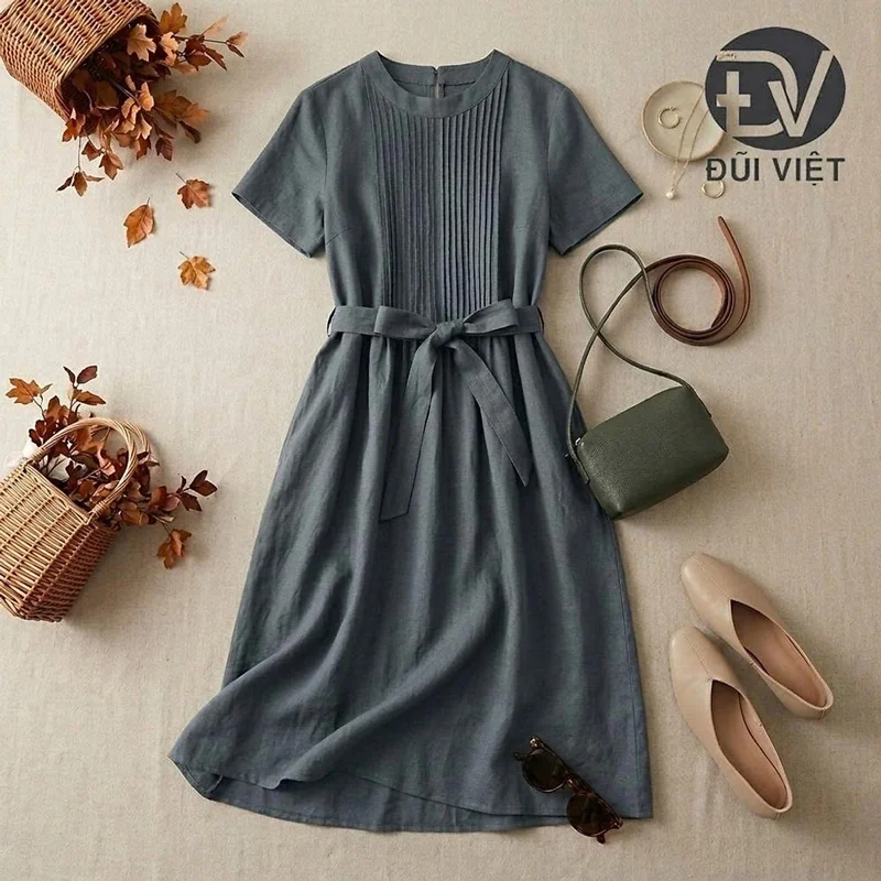 Đầm nữ xếp ly phối dây đai eo thanh lịch vải đũi mềm mát thoáng khí Da191