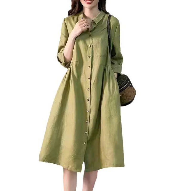 Đầm nữ cổ sơ mi phối tay xắn lỡ vải Linen sợi tự nhiên 100% Premium Cao Cấp Da207