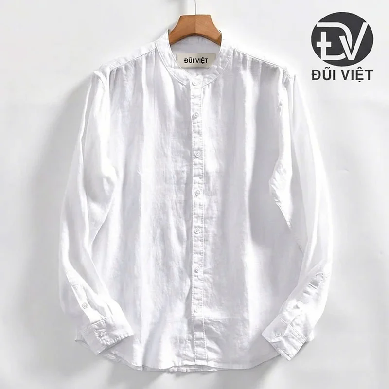 Áo sơ mi Linen nam form suông rộng phối cổ trụ phong cách Hàn Quốc nam tính, trẻ trung ms04