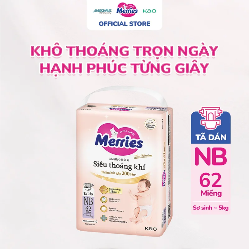 Tã dán Merries First Premium sơ sinh 62 miếng