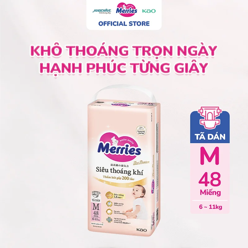 Tã dán Merries First Premium cỡ M 48 miếng