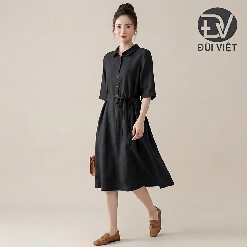 Đầm suông cổ sơ mi tay lỡ phối dây đai eo sang trọng, lịch sự vải đũi mềm mịn da161