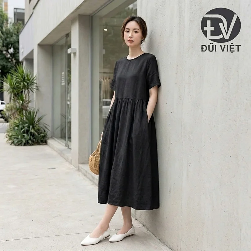 Đầm suông thiết kế dáng xòe babydoll tiểu thư dịu dàng phối cổ tròn thoáng mát vải đũi mềm mịn da81