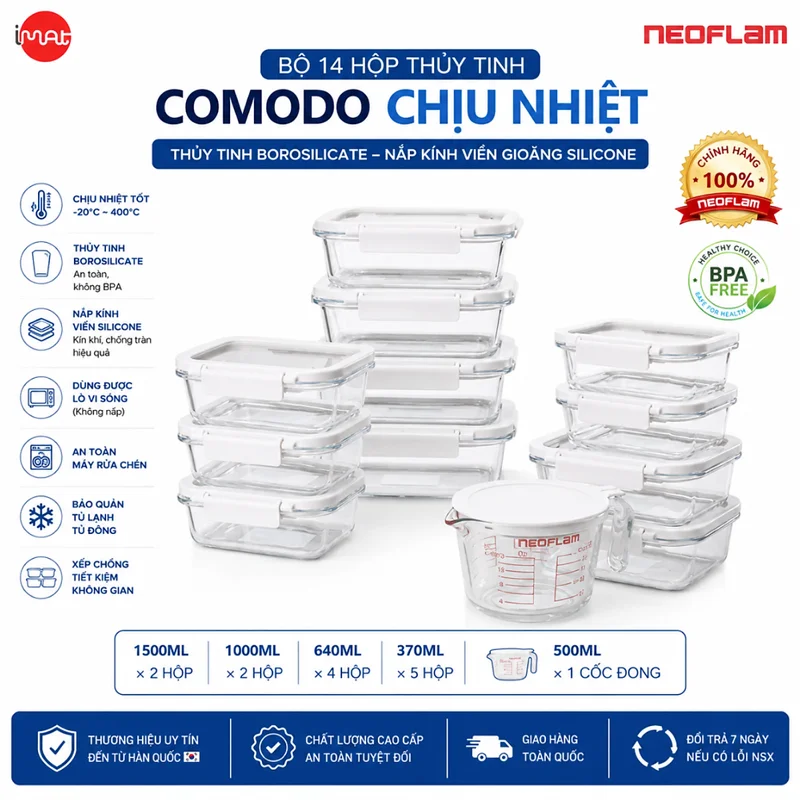 Bộ 14 Món Hộp Thủy Tinh Borosilicate Comodo Neoflam Bảo Quản Thực Phẩm| Hộp Chịu Nhiệt, Nắp Kính, Dùng Lò Vi Sóng, Lò Nướng, Máy Rửa Chén