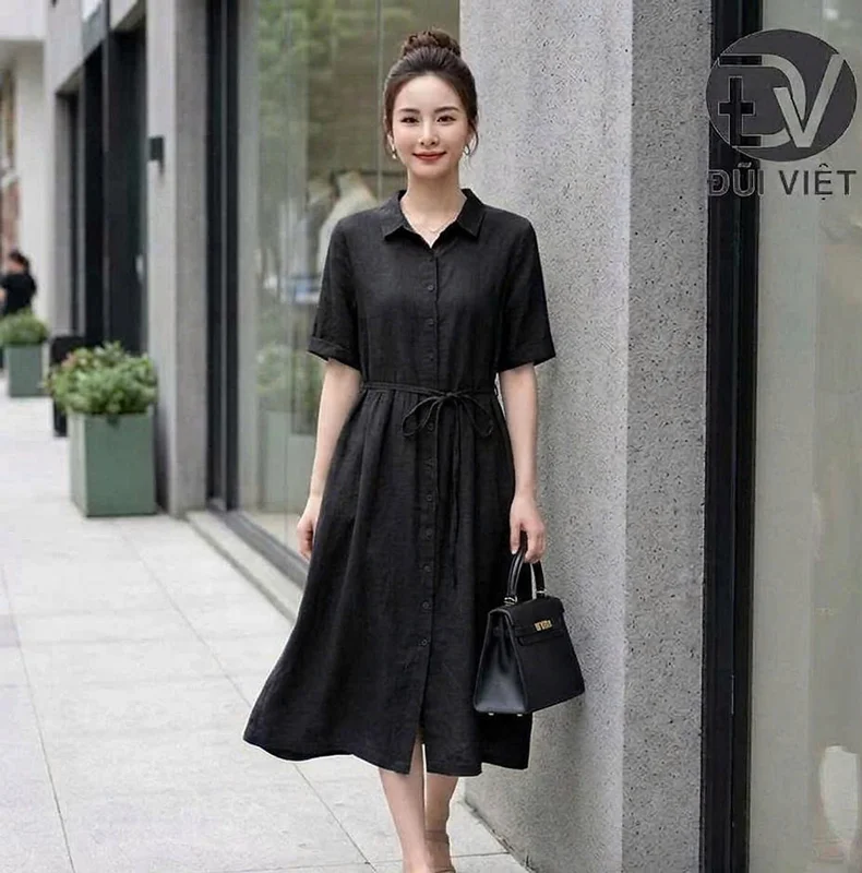 Đầm sơ mi nữ chất liệu đũi mềm premium thiết kế cúc chạy dọc phía trước phối dây đai eo mặc được nhiều kiểu da02