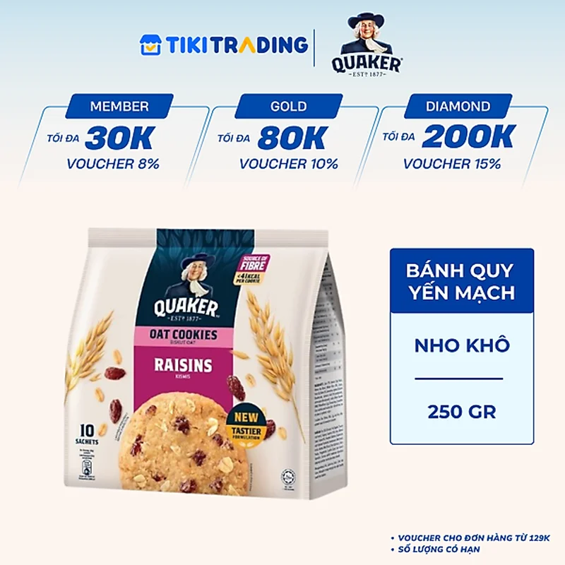 [HSD: 09.01.2027] Bánh Quy Yến Mạch Quaker 250g - Hương Chocolate - Hương Nho Khô