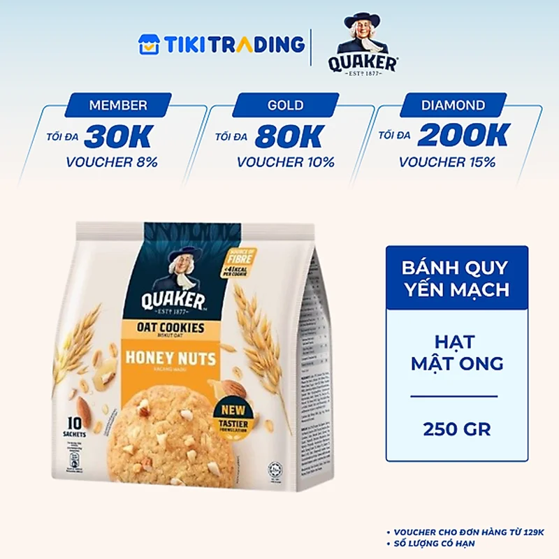 [HSD: 11.01.2027] Bánh Quy Yến Mạch Quaker 250g - Hương Chocolate - Hương Hạnh Nhân Mật Ong