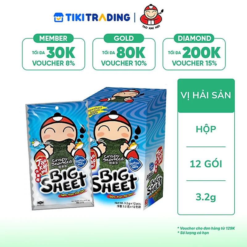 [HSD: 10.03.2027] Hộp 12 Gói Rong biển TaoKaeNoi BIG SHEET Vị Hải Sản