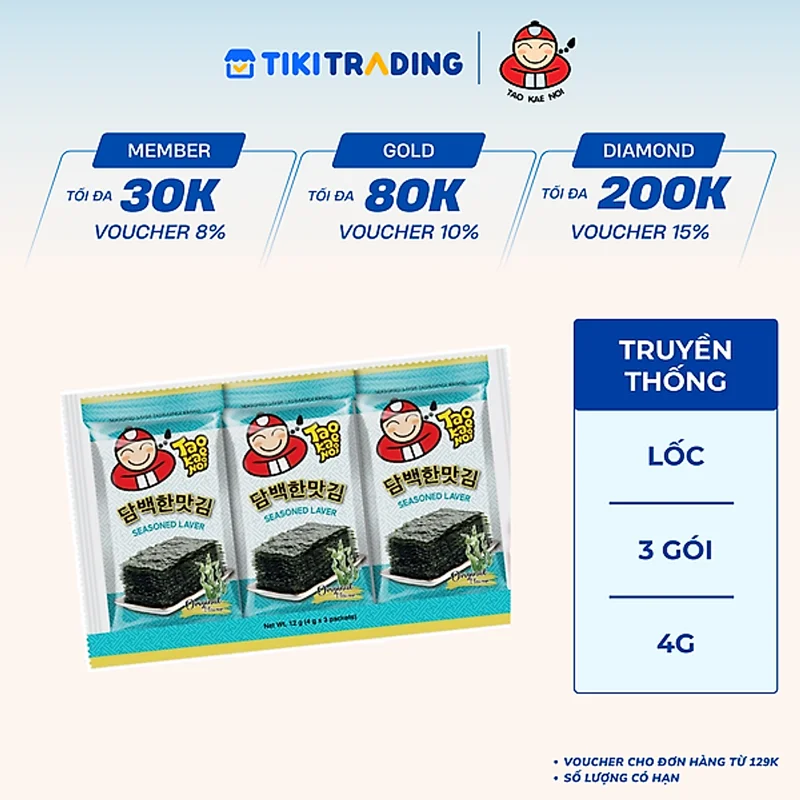 [HSD: 11.02.2027] Lốc 3 Gói Rong Biển Taokaenoi Season Laver Vị Truyền Thống 4G