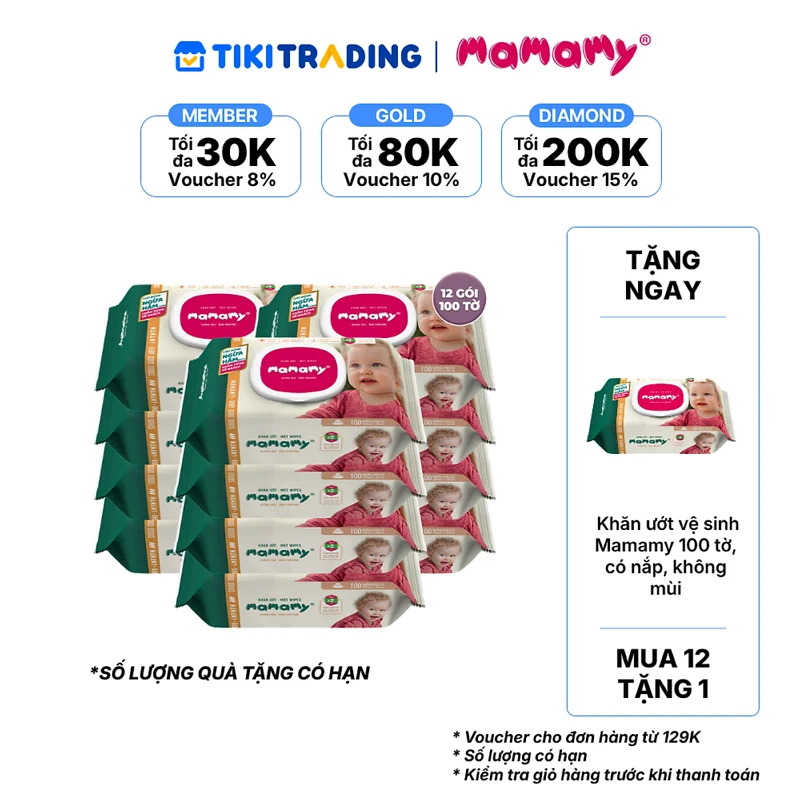 [Mua 12 Gói tặng 1 Gói] Combo 12 gói Khăn ướt Mamamy không mùi gói 100 tờ