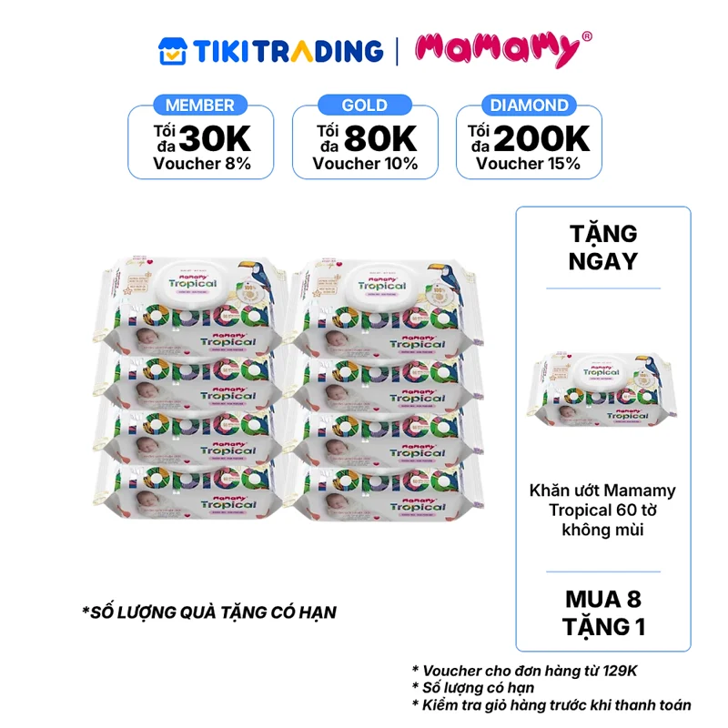 [Mua 8 Gói tặng 1 Gói] Combo 8 gói Khăn ướt Mamamy Tropical 90 tờ không mùi
