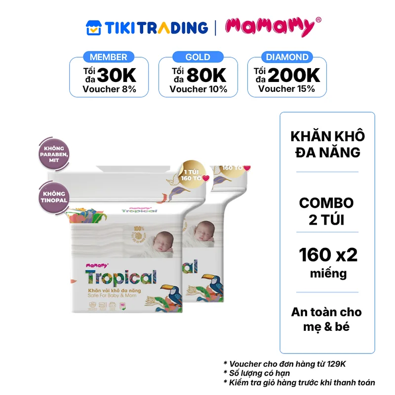 Combo 2 túi Khăn vải khô đa năng Mamamy Tropical 160 tờ