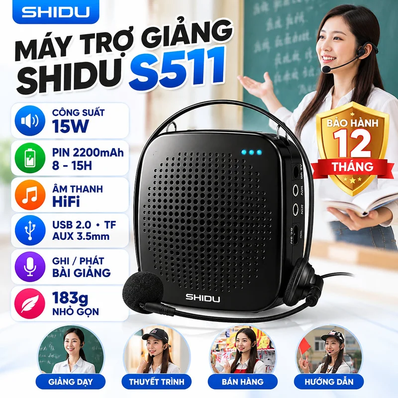 MÁY TRỢ GIẢNG SHIDU SD-S511 CÓ DÂY 15W PIN 2200MAH HIFI ÂM THANH. Loa trợ giảng Shidu S511 – Công suất 15W, Tần số 50Hz – 17KHz, Kết nối đa dạng USB Thẻ nhớ gắn ngoài AUX, Pin Lithium 2200mAh 10-15 tiếng sử dụng, Bảo Hành 12 Tháng. Hàng Chính Hãng