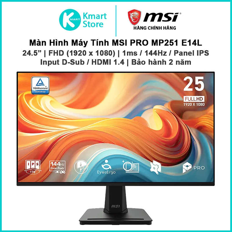 Màn hình máy tính MSI Pro MP251 E14L | FHD 1920x1080 /1ms/IPS | HDMI/VGA | Bảo hành 2 năm - Hàng Chính Hãng