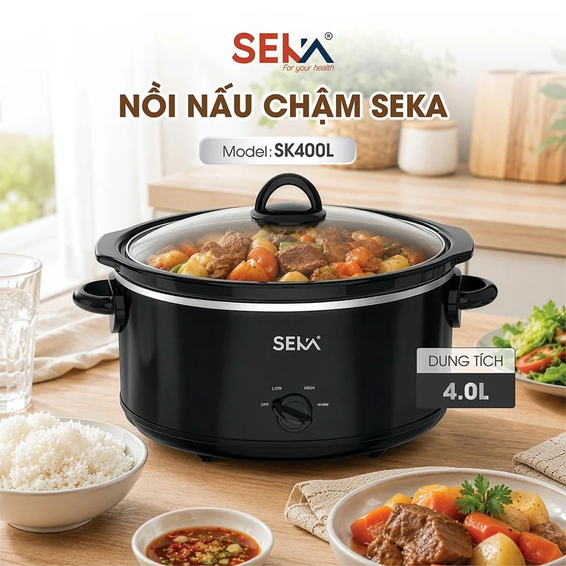 Nồi Nấu Chậm, nồi tiềm SEKA SK400L 4L Lòng Sứ Ceramic 180W Nấu Cháo Kho Cá -hàng chính hãng