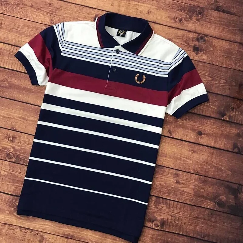Áo Thun Nam Cotton Phối Sọc Ngang Logo Thêu Co Giãn Tốt