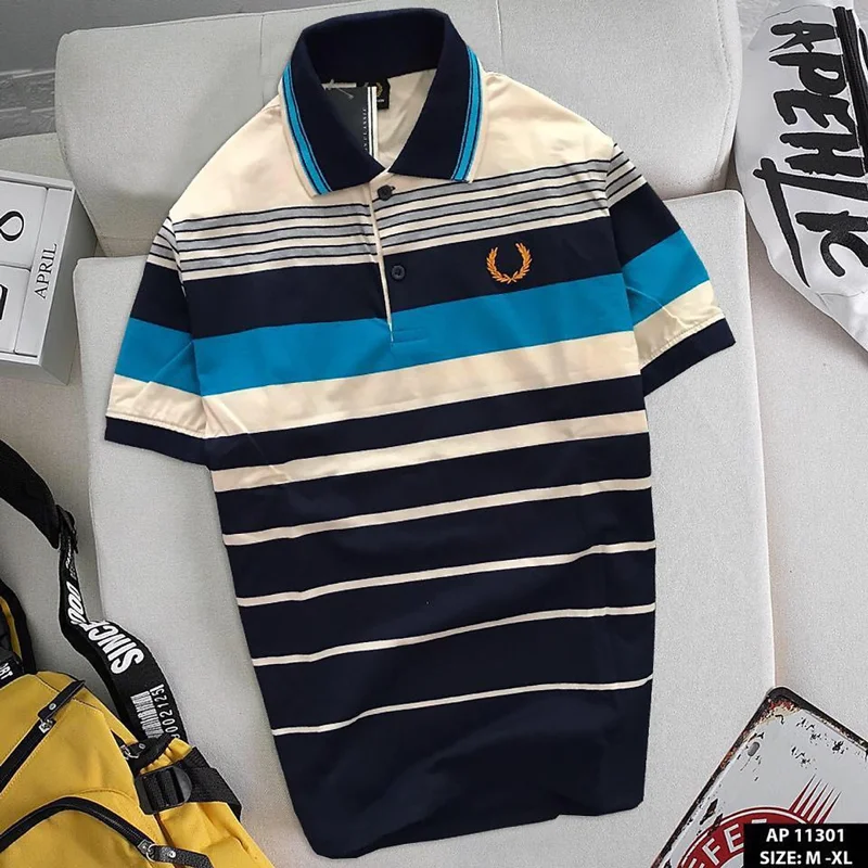 ÁO THUN NAM COTTON PHỐI SỌC LOGO THÊU