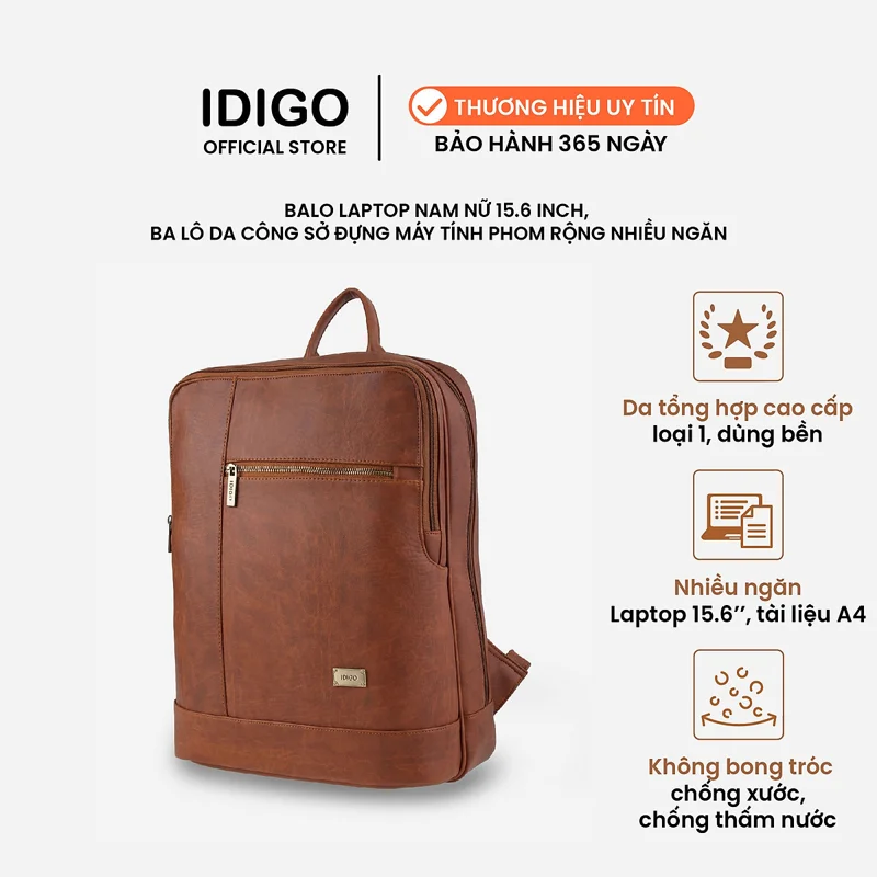 Balo da nam nữ đựng laptop 15.6 inch, ba lô công sở phom rộng, nhiều ngăn IDIGO UBP2-519-00