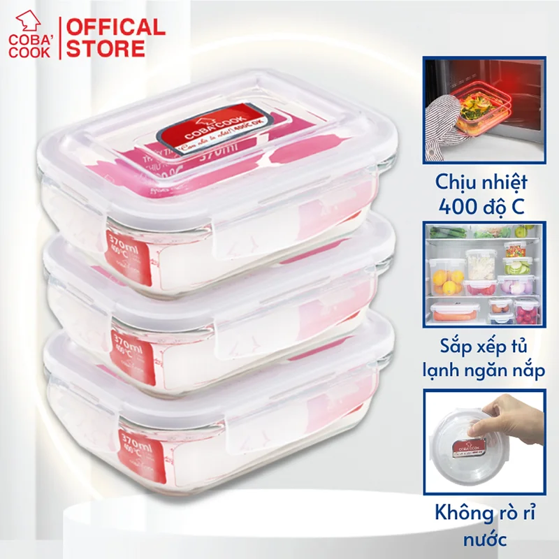 Bộ 3 hộp thủy tinh chịu nhiệt hình chữ nhật dung tích 370ml-CCL33